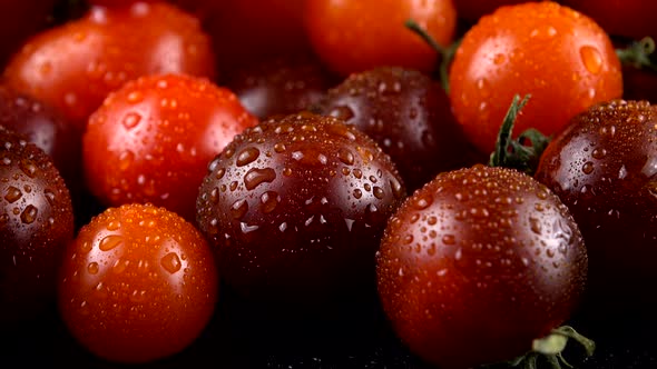 Cherry tomatoes on a black background in water drops.