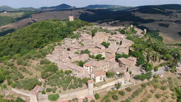 Aerial view of Monticchiello village in Val d'Orcia, Tuscany, Italy, Europe