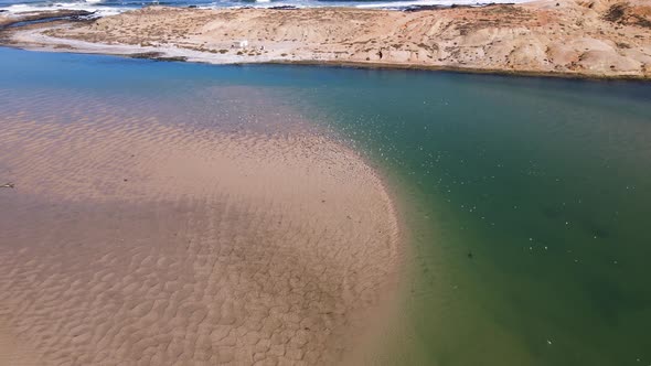 Migratory flock of Caspian Terns at beautiful Olifants River Estuary; aerial