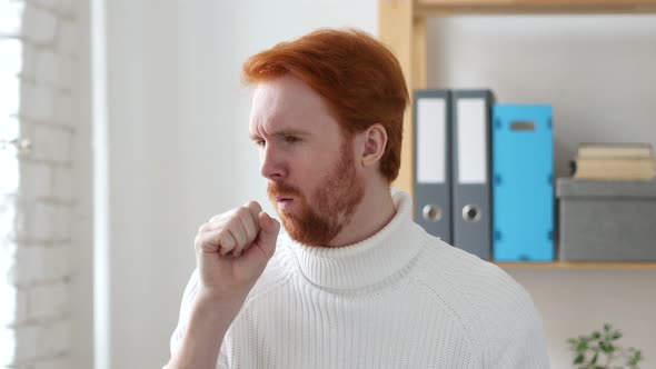 Sick Man with Red Hairs Coughing, Throat Infection