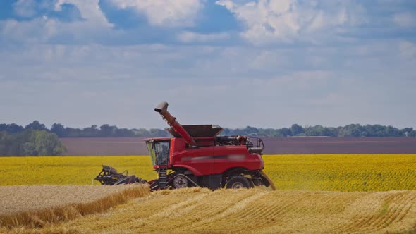 Grain harvesting combine. Special equipment prepared for the harvest in the field