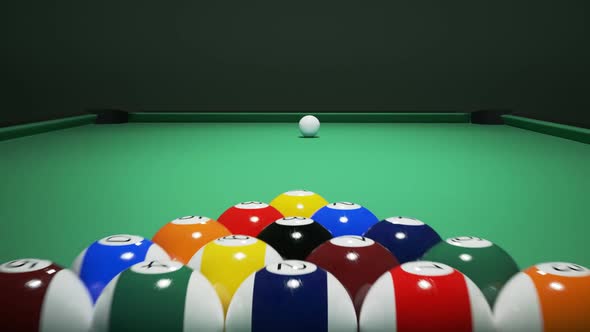 Breaking the rack in the pool. A strong, professional shot of cue ball.