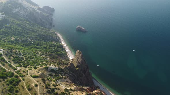 Aerial View From Above on Calm Azure Sea and Volcanic Rocky Shores