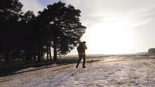 Silhouette Hiker Man Travelling Alone with Backpack