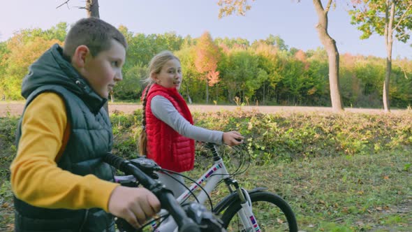 Children Walking in the Woods with Bicycles