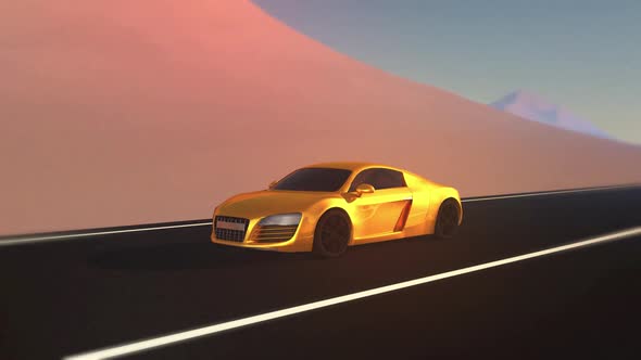 Gold Car Driving On Desert Road