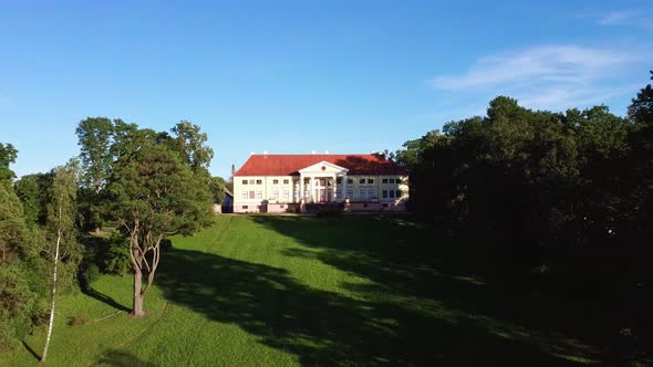 Aerial View of the  Durbe Manor Castle, Tukums, Latvia. Old Mansion of Former Russian Empire. 