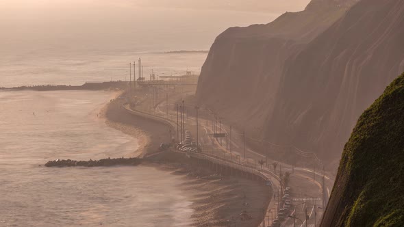 Aerial View of Lima's Coastline in the Neighborhood of Miraflores Timelapse During Sunset Lima Peru