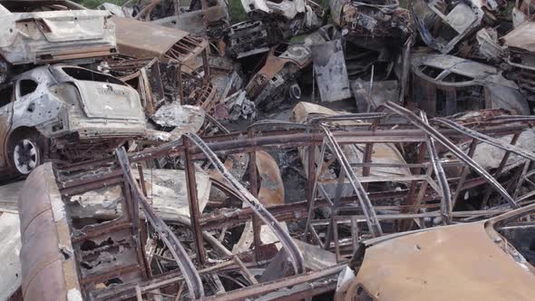 War in Ukraine a Dump of Burned Cars in Irpin Bucha District