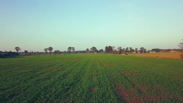 Aerial Cinematic Clip Drone Flying Over a Farm Field During Sunset