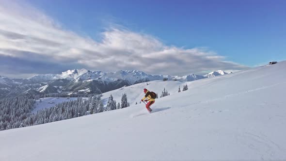 Freeride Ski Descent In Fresh Snow In The Alps