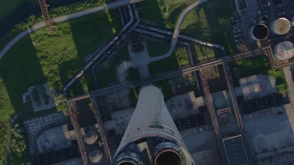 Drone View Industrial Chimney On Power Plant