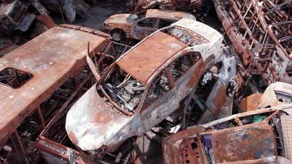 War in Ukraine a Dump of Shot and Burned Cars in Irpin Bucha District