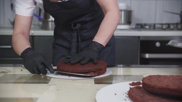 Confectionery  a Woman Cuts a Chocolate Sponge Cake Into Two Parts with a Knife