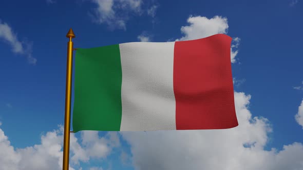 National flag of Italy waving with flagpole and blue sky timelapse, Italian