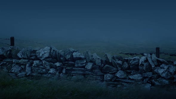 Old Wall In Storm With Mist Rushing Past At Night