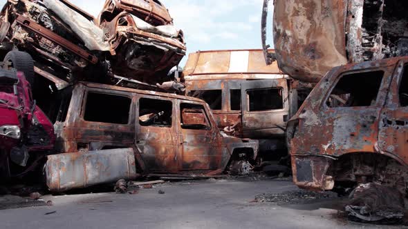 War in Ukraine a Dump of Shot and Burned Cars in Irpin Bucha District