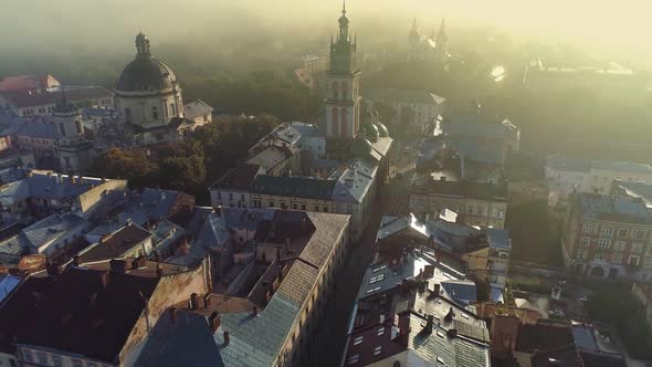 Flying Over Lviv City Center Ukraine