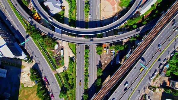 Stunning Aerial view drone shot above freeway traffic