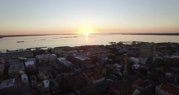 Aerial of downtown Charleston sunrise with Saint Philips Church