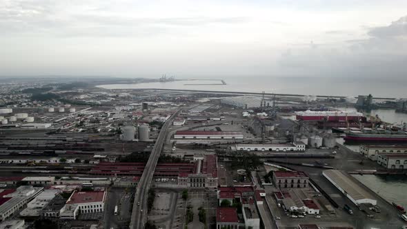 drone shot of the port infrastructure of veracruz at sunrise