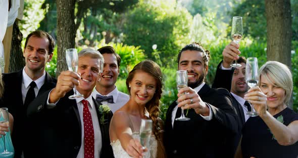 Guests, bride and groom toasting champagne flutes 4K 4k