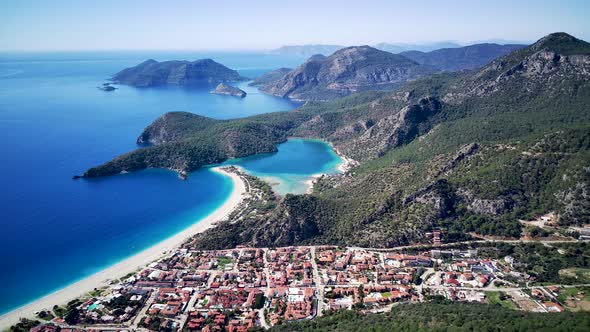 Amazing beautiful panoramic view from drone of Oludeniz Blue lagoon beach in Fethiye in Mugla