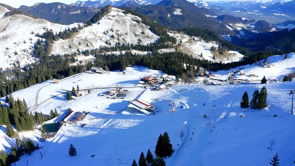 Aerial view of ski region, Mangfall Mountains, Upper Bavaria, Germany