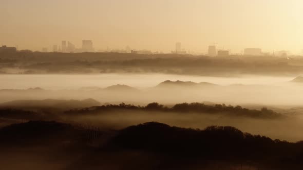 Eerie foggy landscape in golden morning light at sunrise, The Hague; drone