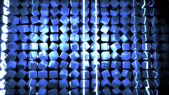 Abstract Loop Background with Cubes Lined Up in Rows on a Plane and Blue Neon Lighting of Cubes