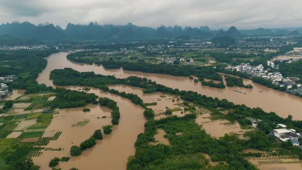 Flooded Agricultural Land in Flood Water in China, Aerial Drone View