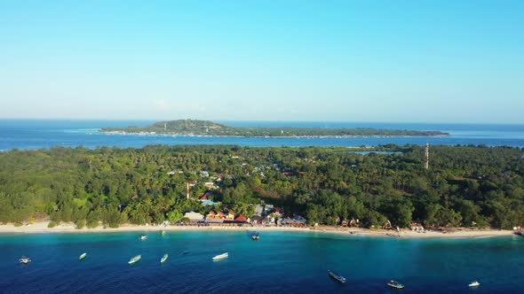 Aerial above scenery of exotic island beach wildlife by blue sea and white sandy background of a day