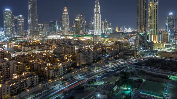 Dubai Downtown Skyline Night Timelapse with Burj Khalifa and Other Towers Paniramic View From the