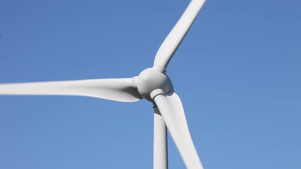 Close-up of wind turbine against a blue sky. East Frisia, Lower Saxony. Germany.