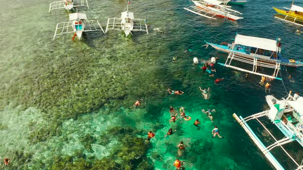 Tourists Snorkeling in Coral Reef Moalboal Philippines