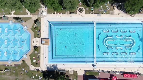 Aerial shot of Palatinus Strand Baths on Margaret island, Budapest, Hungary