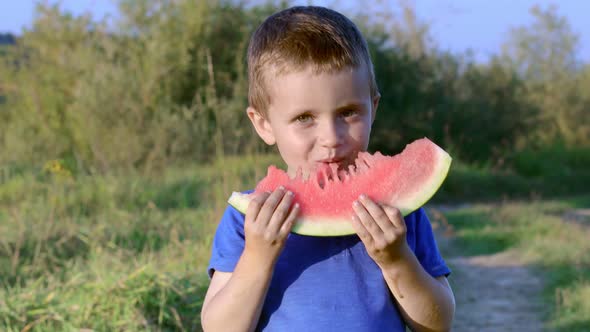 Three years oldchild eating piece of watermelon in garden