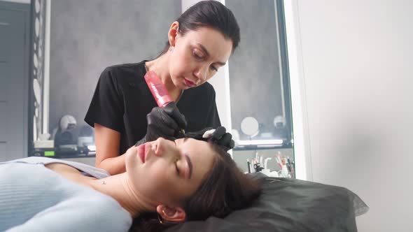 Master Makes Permanent Eyebrow Makeup Procedure to Woman in Beauty Salon