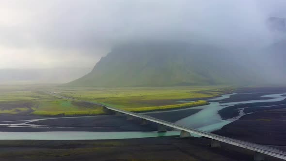 Iceland. Aerial View on The Mountain, Road and River.