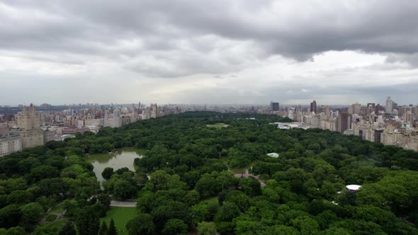 Aerial view over the Central Park, dark, overcast, summer day in New York, USA