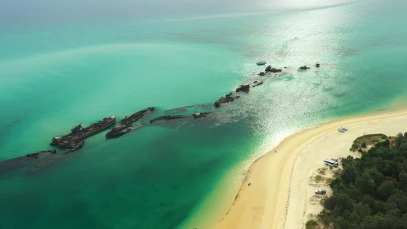 Fantasic aerial view of Moreton Island shipwrecks, Crystal clear water, drone footage, Queensland Au