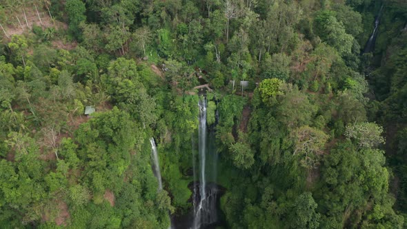 Drone Over Sekumpul Waterfalls In Forest