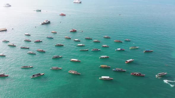 Aerial Lot of Fishing Dhow Boats Anchored at the Seaport in Stone Town Zanzibar