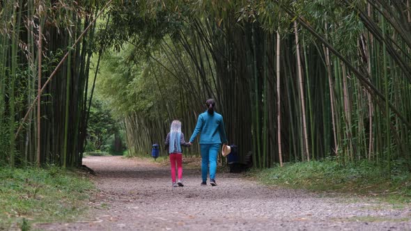 Woman with Little Daughter Walk in Bamboo Alley