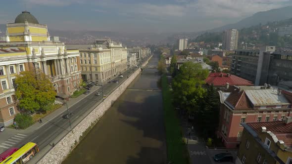 Aerial of the river and Sarajevo University building