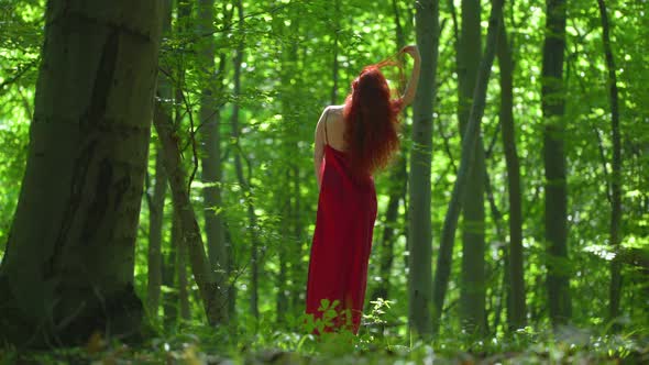 Woman with long red hair in a forest