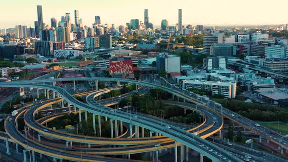 Aerial view of a highway interchange, Brisbane City, Queensland, Australia.