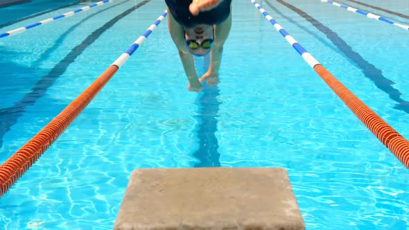 Female swimmer jump in to the pool for swimming 4k