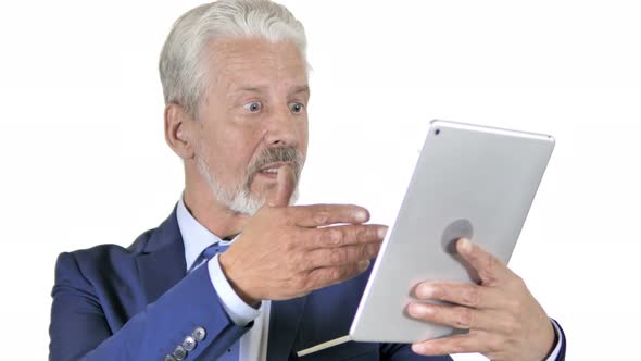 Online Video Chat on Tablet by Old Businessman, White Background