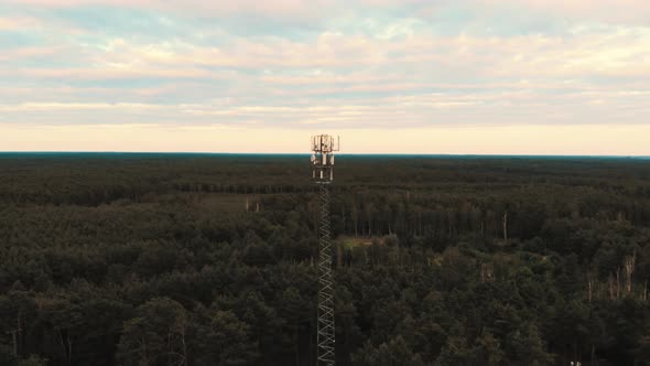 Tower with 5g Antennas Rising Above the Woodland. Telecommunication Concept